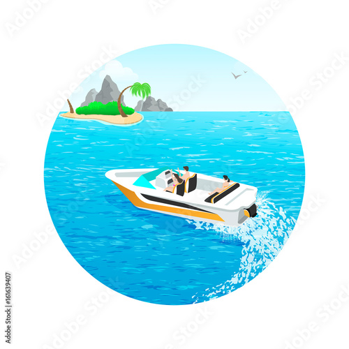 Young people ride a motor boat off the islands with palm trees and rocks
