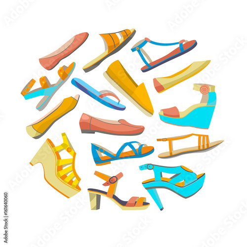 vector round isolated shoes composition with high heels and flat shoes