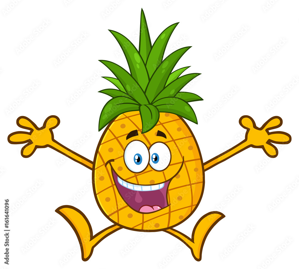 Happy Pineapple Fruit With Green Leafs Cartoon Mascot Character With