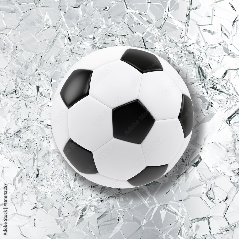 Sport illustration with soccer ball coming in cracked glass wall. Cracked glass wall. 3d rendering