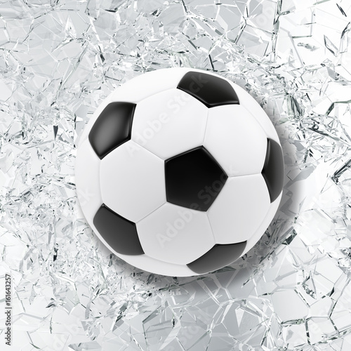Fototapeta Naklejka Na Ścianę i Meble -  Sport illustration with soccer ball coming in cracked glass wall. Cracked glass wall. 3d rendering