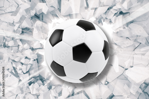Fototapeta Sport ilustracja z piłki nożnej przybyciem w krakingowej ścianie. Krakingowy betonowej ziemi abstrakta tło. 3d rendering