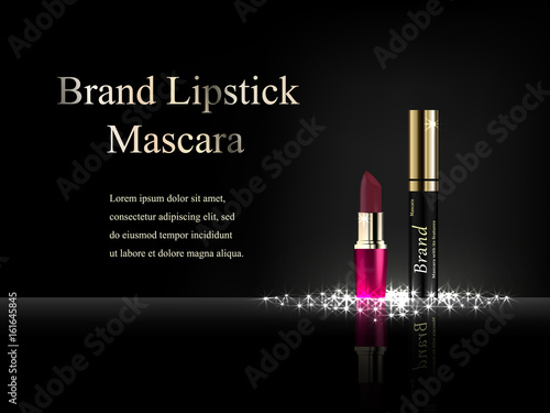 Design cosmetics lipstick and mascara on a dark background with light rays and bright spots. Brand, advertising, banner, directory. 3D vector realistic