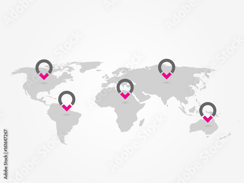 Map of World with navigation pointers. Grey map infographics with ring pins. Vector illustration.