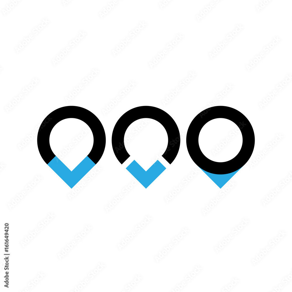 Set of three original map pointers - navigation pins. Simple flat vector objects in black and blue. Set of three original map pointers - navigation pins. Simple flat vector objects in black and blue.