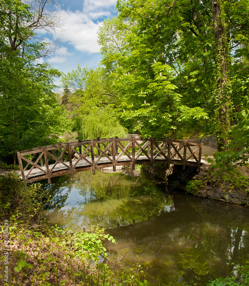 Beautiful wooden footbridge across river Beautiful wooden footbridge across river