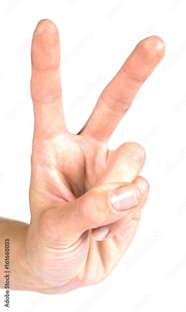 Hand showing two fingers isolated on white background Hand showing two fingers isolated on white background