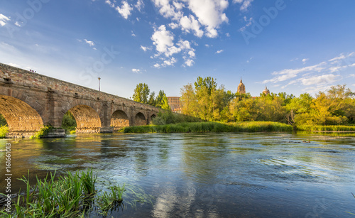 Ancient Roman bridge over Tormes river in Salamanca, Spain