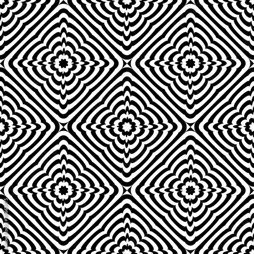 Abstract vector seamless op art pattern. Monochrome graphic ornament.