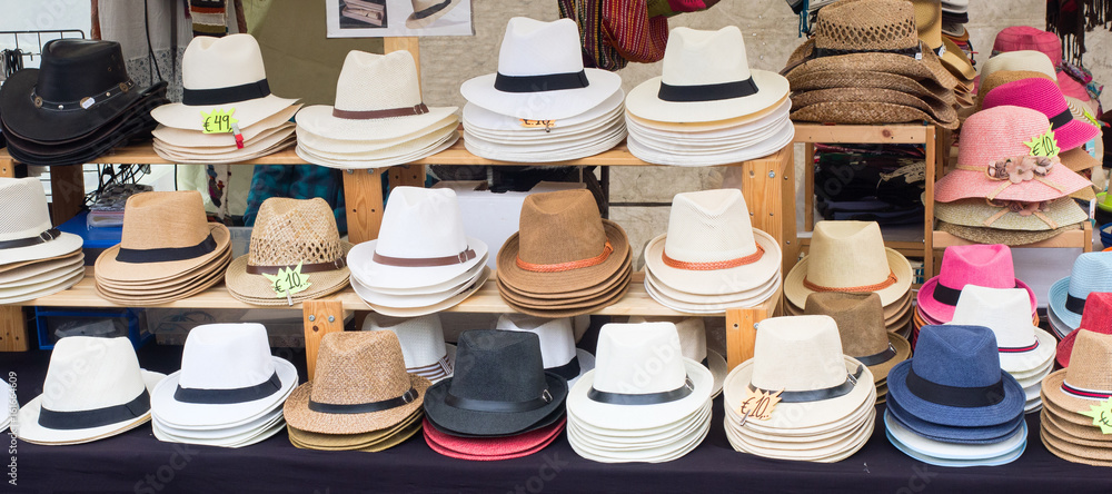 Panama and other kinds of hats sold on a street market