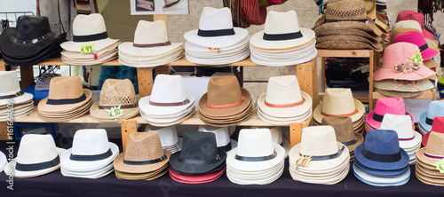 Panama and other kinds of hats sold on a street market