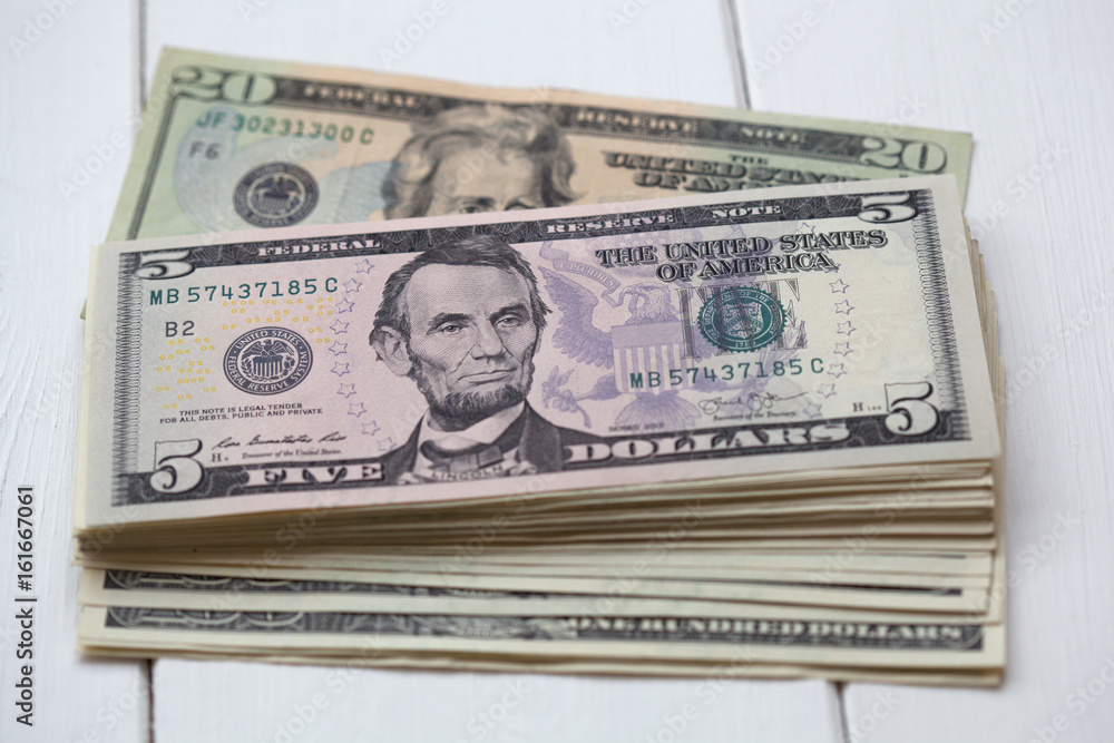 American dollars. Five dollar bill with Lincoln's portrait American dollars. Five dollar bill with Lincoln's portrait