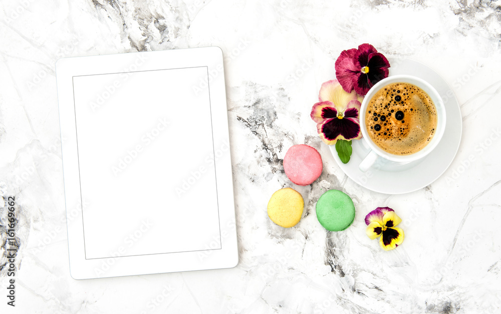 Coffee cookies tablet PC pansy flowers Floral flat lay