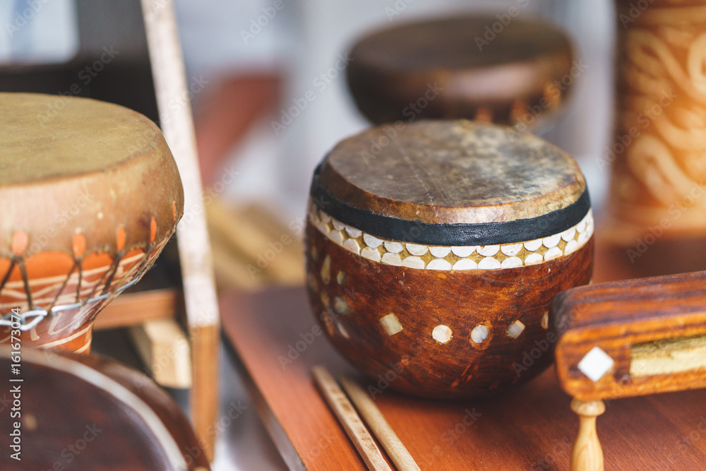 Old leather drum and drumsticks membrane musical instrument