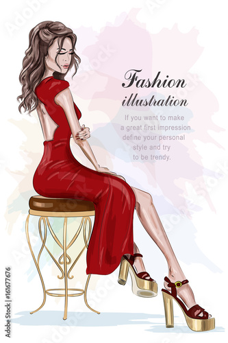 Beautiful fashion woman in red dress sitting on vintage chair. Sketch. Hand drawn pretty girl. Vector illustration.
