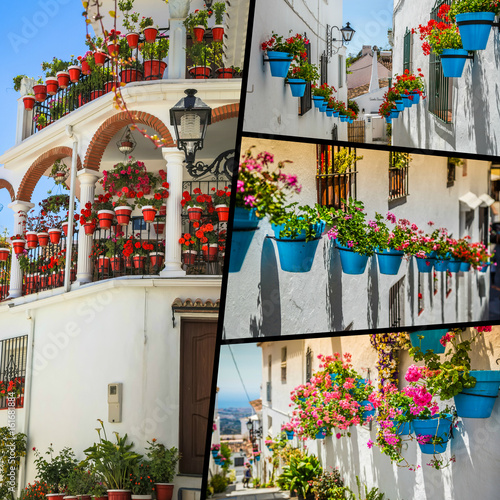 Collage of Mijas with flower pots in facades. Andalusian white village. Costa del Sol
