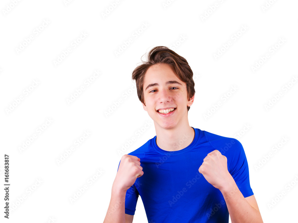 Handsome teen boy looking at camera. Portrait of teenager in blue T-shirt. Happy guy smiling, isolated on white background Handsome teen boy looking at camera. Portrait of teenager in blue T-shirt. Happy guy smiling, isolated on white background