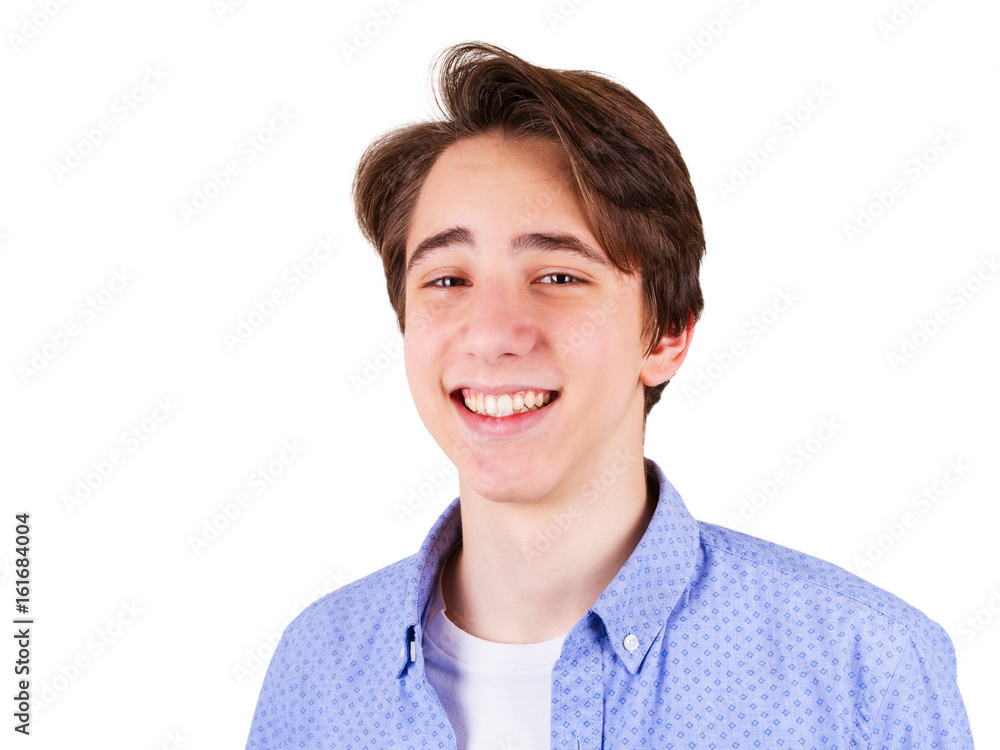 Smiling teenager in blue shirt, isolated on white background. Young man portrait Smiling teenager in blue shirt, isolated on white background. Young man portrait