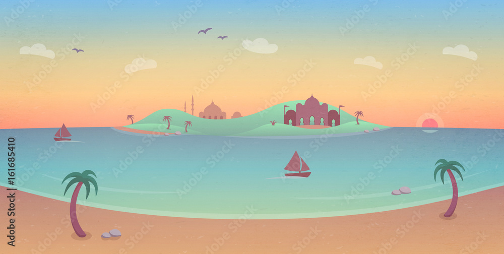 Tropical Paradise with Sunset - illustration with a tropical island, buildings, palm trees, beach and boats sailing on the calm ocean. 