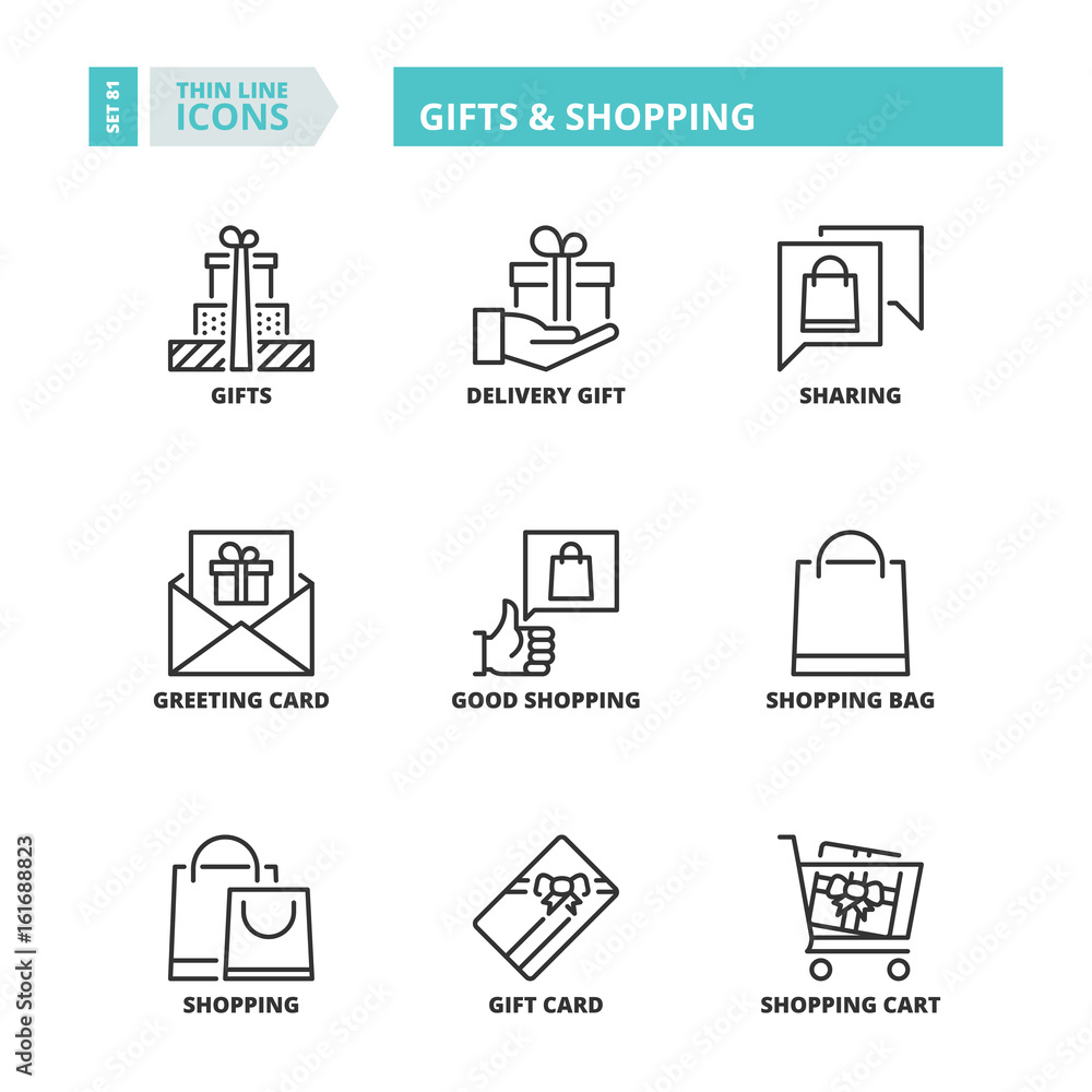 Thin line icons. Gifts and shopping