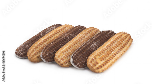 Biscuits with chocolate and sugar on a white background