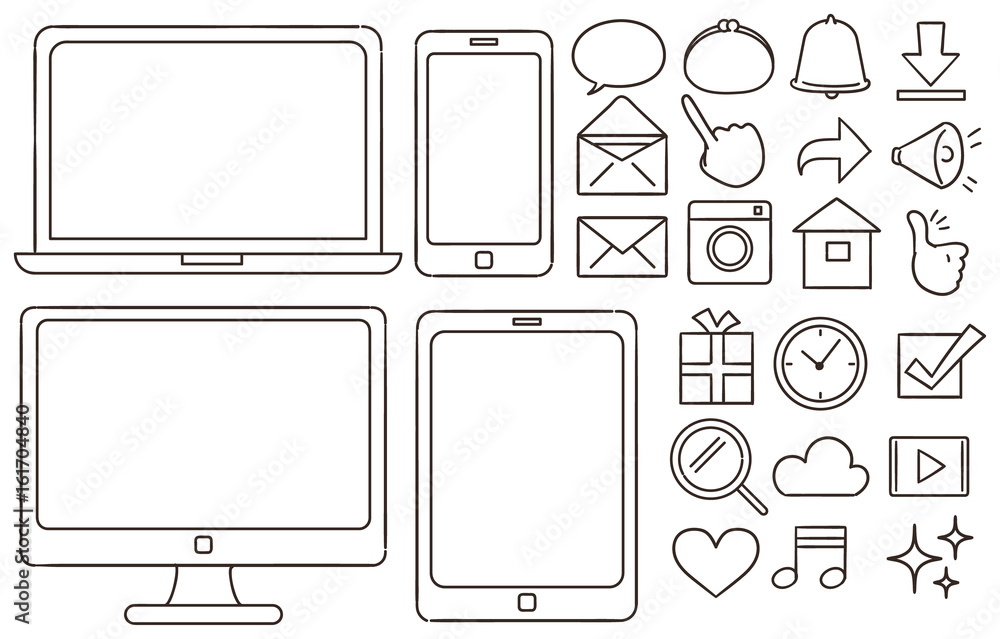 スマホ パソコン Snsの手描き風アイコンセット 線画 透過 Stock Vector Adobe Stock