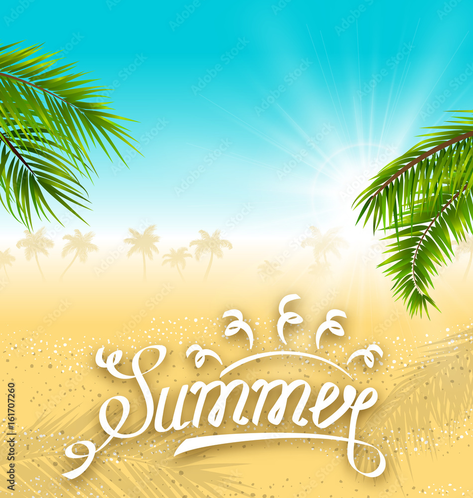 Tropical Nature Background with Palm Leaves and Beach. Lettering Text