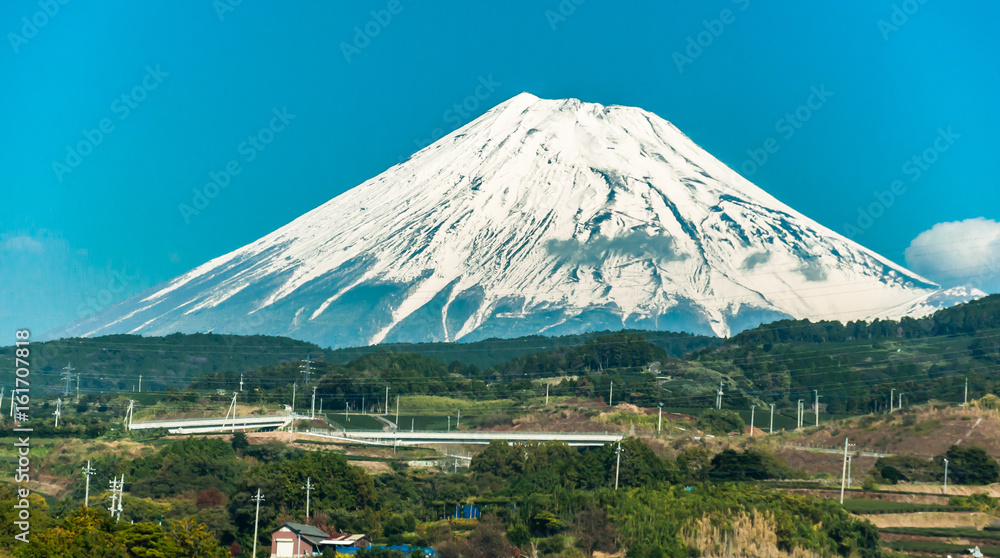 Fujiky Mt.Fuji view, seen from a window of high-speed railway lines in Japan ...