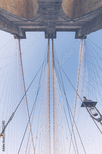 Brooklyn Bridge: symmetrical view of steel suspension wires