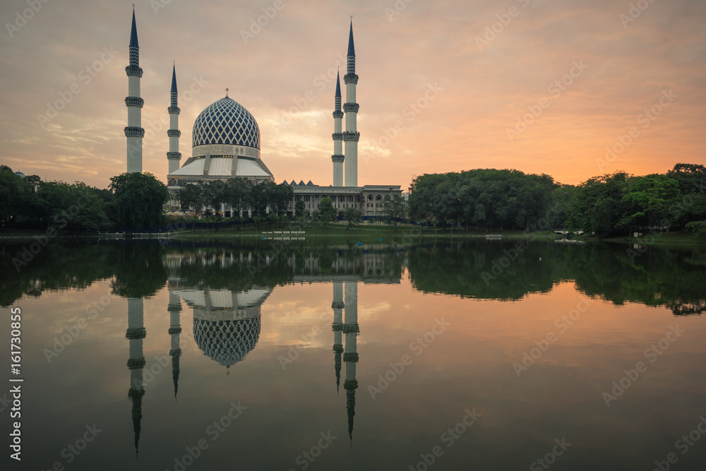 Aerial view of Shah Alam Mosque during sunrise