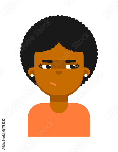 Insidious facial expression of black girl avatar. Young african woman face, people emoticon icon, emoji vector illustrations isolated on white background.