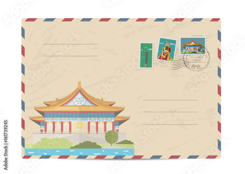 Taiwan vintage postal envelope with postage stamps and postmarks on white background, isolated vector illustration. Taiwanese ancient temple. Air mail stamp. Postal services. Envelope delivery.