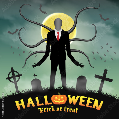 halloween slender tall man in a night graveyard