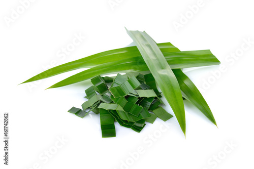 portion cut fresh pandan leaf on white background