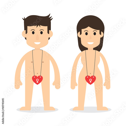 Man and woman character . Heart was hung and hide genital area .
