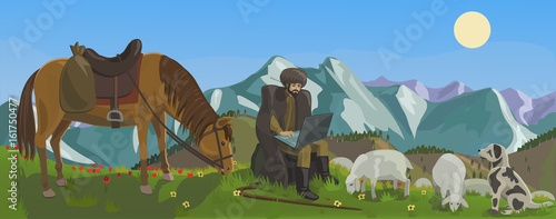 Shepherd herdinShepherd herding sheep in the mountains and through the laptop is being rewritten on the Internet with your friends around the world!g sheep in the mountains comes to the Internet/ 