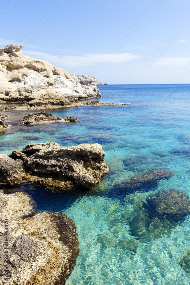 Turquoise waters of Mediterranean sea with cliffs and rocks