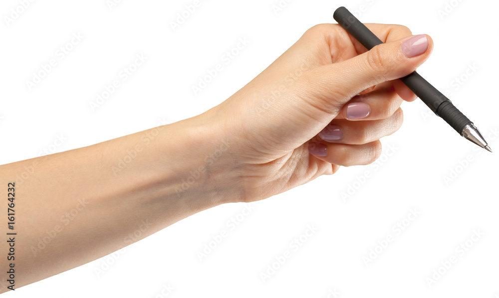 Female hand on a white background with a pen Female hand on a white background with a pen