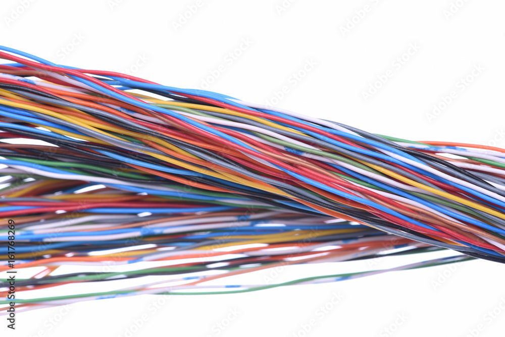 Colored electric cables isolated on white background