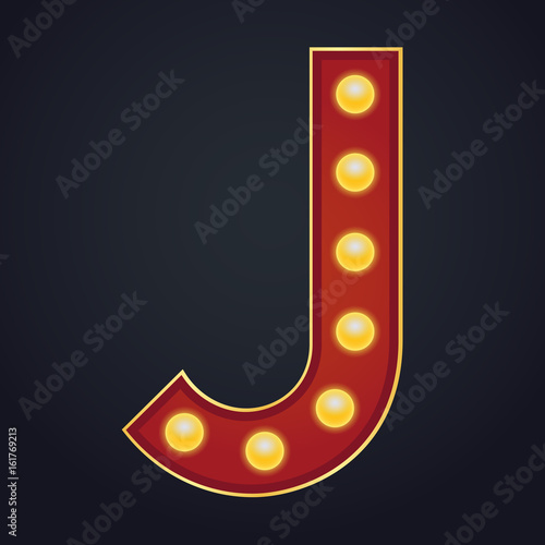 Letter J alphabet sign marquee light bulb vintage carnival or circus style ,Vector illustration