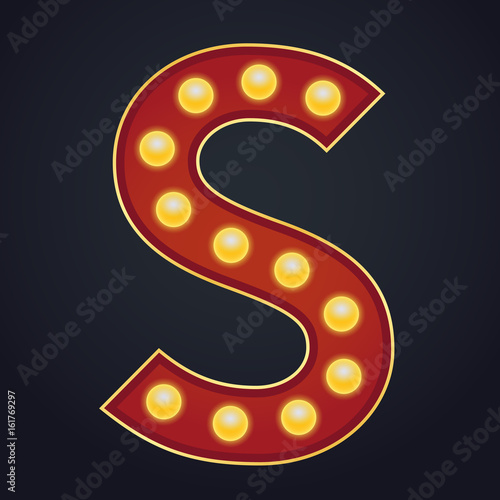 Letter S alphabet sign marquee light bulb vintage carnival or circus style ,Vector illustration