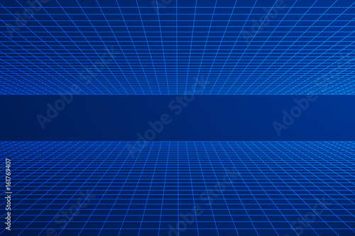 Grid plane with horizont line. Abstract background made in 80s vintage style. Vector illustration for your graphic design.