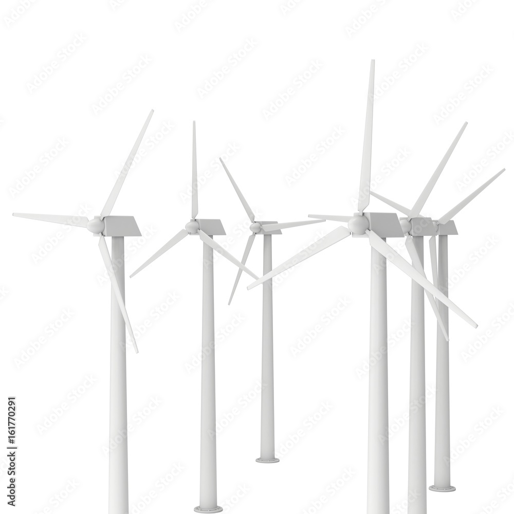 Wind turbine farm with propellers. Windmill generators 3D render isolated on white Wind turbine farm with propellers. Windmill generators 3D render isolated on white