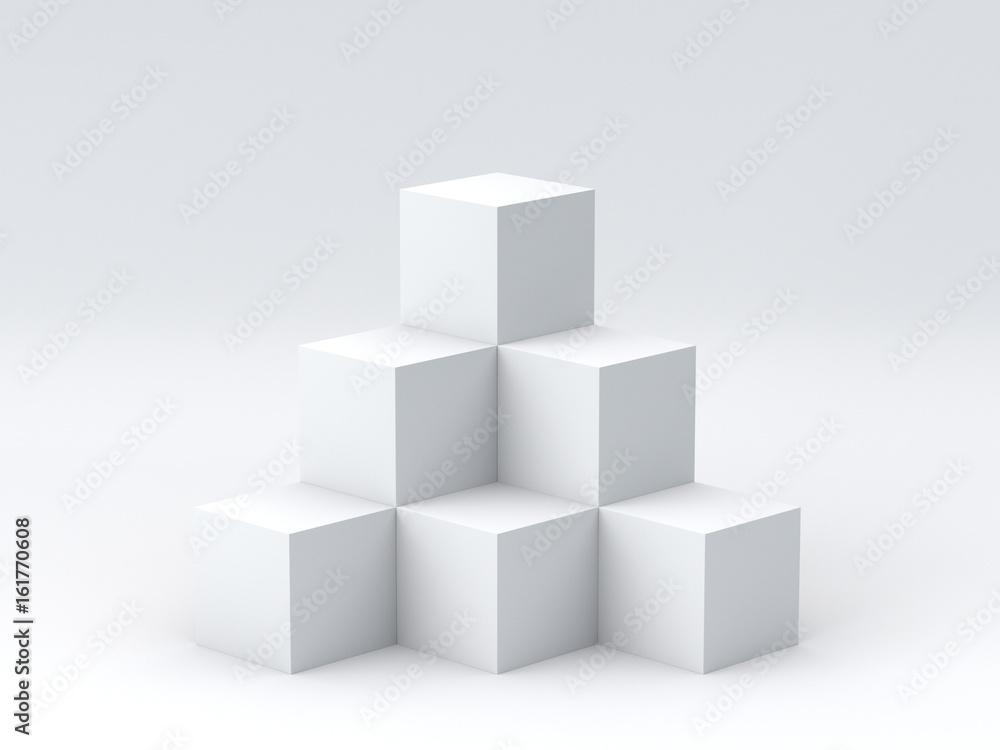 White cube boxes on dark background for display. 3D rendering.
White cube boxes on dark background for display. 3D rendering.