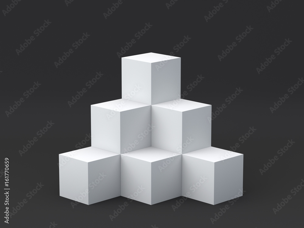White cube boxes on dark background for display. 3D rendering.
White cube boxes on dark background for display. 3D rendering.
