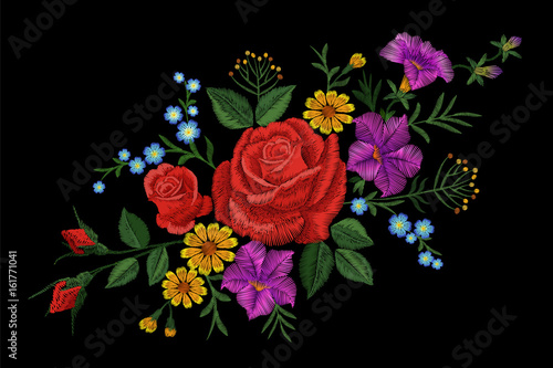 Rose flower embroidery texture patch. Red field flower herb textile print neckline traditional decoration ornate vector illustration on black background