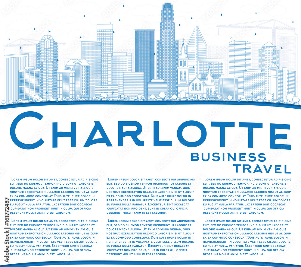Outline Charlotte Skyline with Blue Buildings and Copy Space. Outline Charlotte Skyline with Blue Buildings and Copy Space.