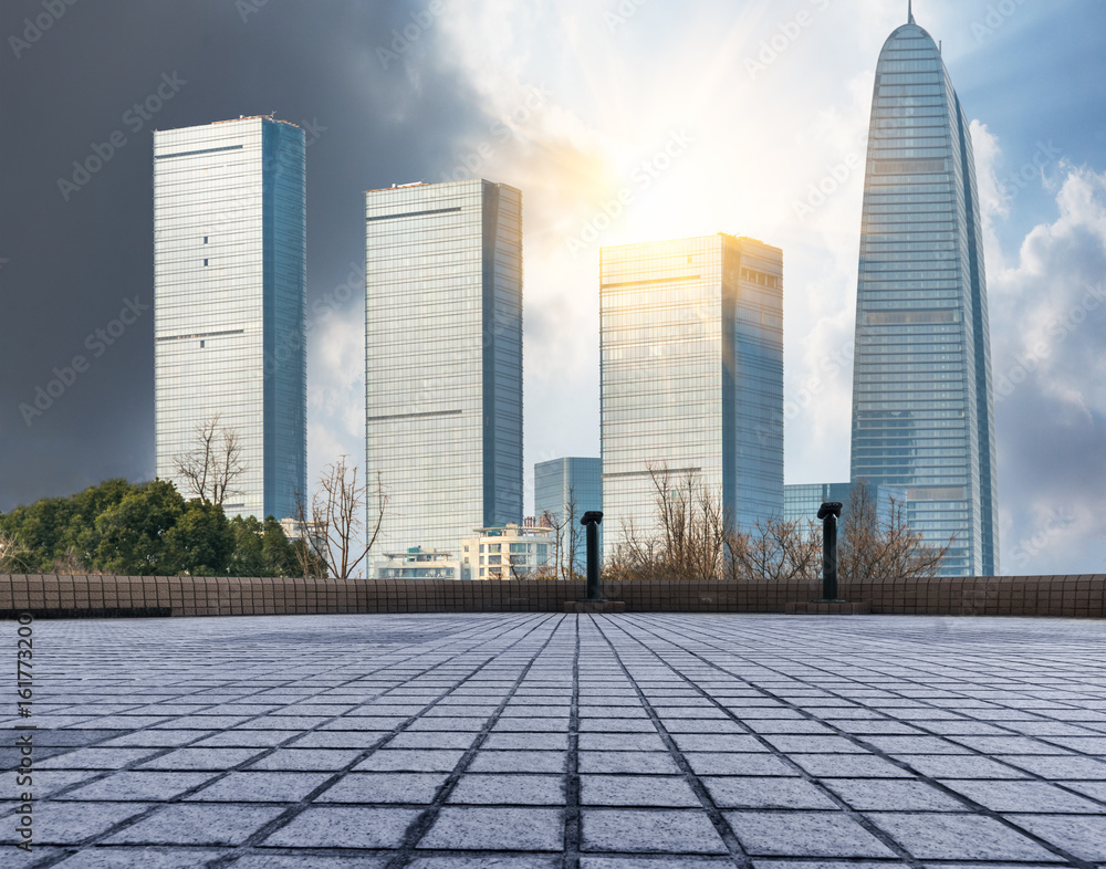 Fototapeta premium empty brick platform with Shanghai skyline in background.