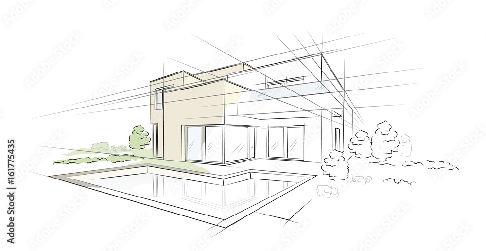 Linear architectural sketch detached house  - obrazy, fototapety, plakaty 