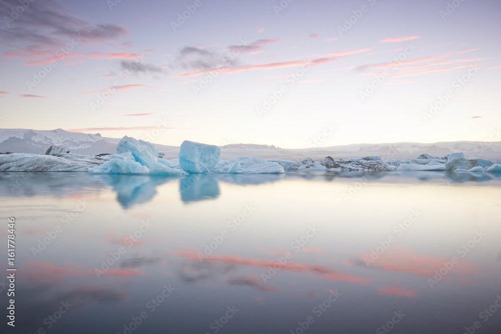 Frozen ice cubes flowing on glacier lagoon, Jokulsarlon, Iceland 